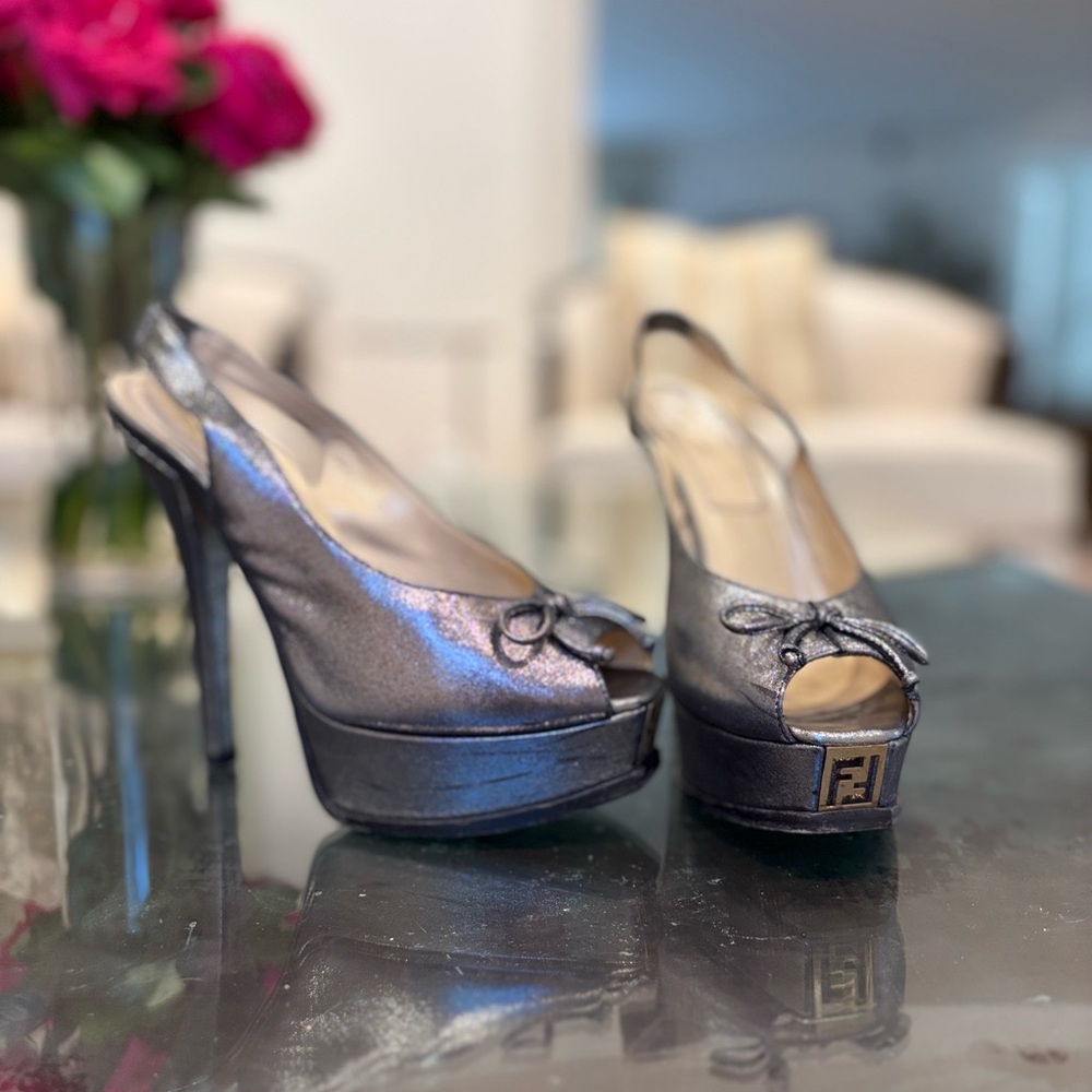 Fendi Women's Silver Platform Slingback Heels